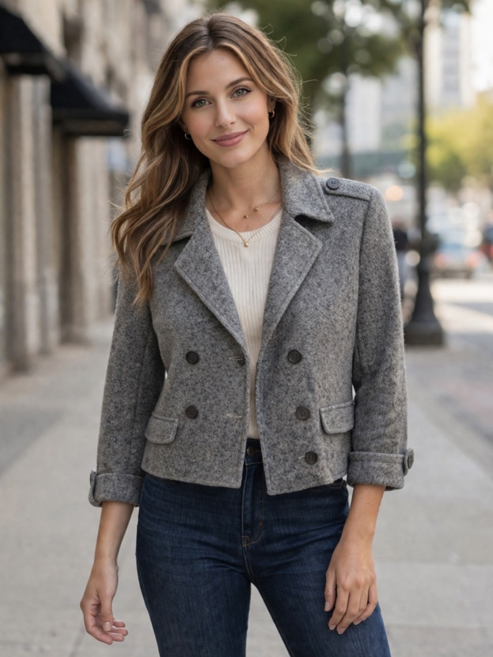 CAbi Gray Double-Breasted Knit Blazer Jacket XS